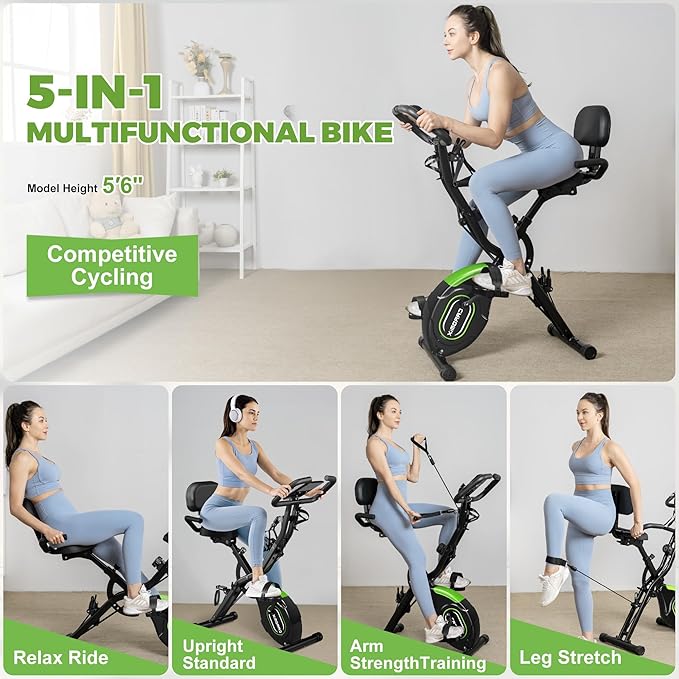 Caromix Folding Exercise Bike, 5 in 1 Stationary Bike with 16-Level Adjustable Magnetic Resistance, 330LB Capacity Indoor Workout Bike, Foldable Exercise Bike for Seniors and Adult