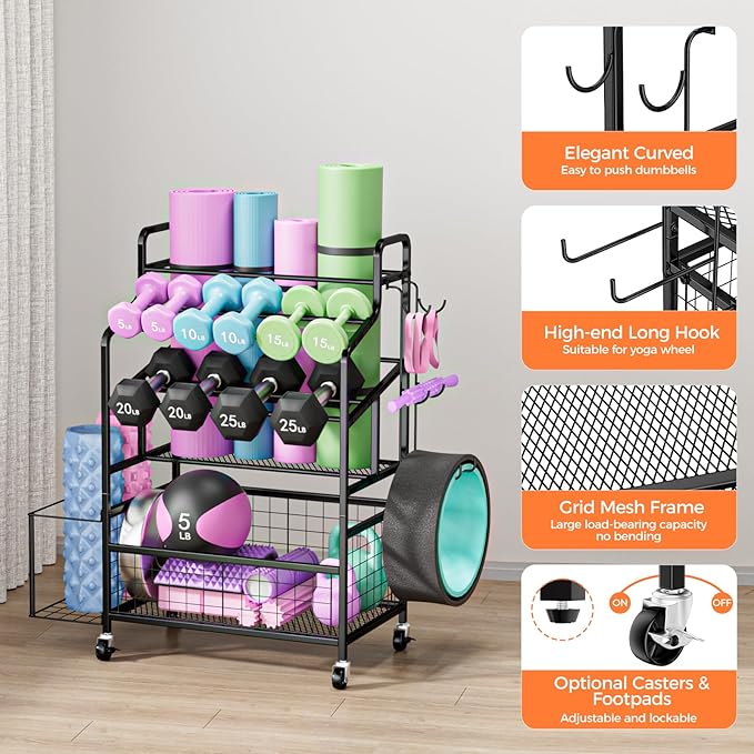 HavenlyYouth Dumbbell Rack, Home Gym Weight Rack Storage, Adjustable Dumbbell Stand Organizer with Wheels, Holds Dumbbells, Kettlebells, Yoga Mats