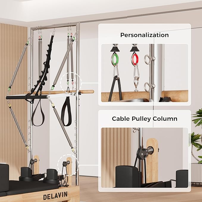 DELAVIN Pilates Reformer with Tower, Pilates Machines with Springs, Sitting Box, Jump Board and Accessories, Solid Wooden Pilates Equipment for Studio, Gym and Home Workout (FBA)