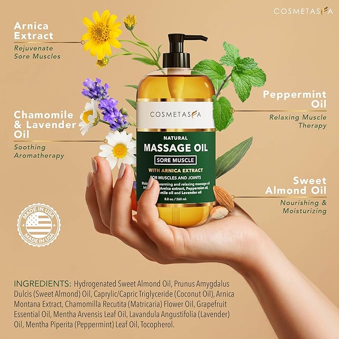Cosmetasa Massage Oil Spa Gift Set for Women – Relaxing Lavender, Warming Arnica & Nourishing Citrus & Coconut Oils – Includes Roller Ball, Thumb Saver & Hot Stones – Self Care Kit & Body Massage Oils