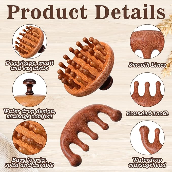 2 Pack Wooden Scalp Massager Comb Wooden Hair Brush Head Gua Sha Brush Hair Scrubber Portable Handheld Hairs Growth Tool for Women Men Hairs Growth Stress Relief Spa