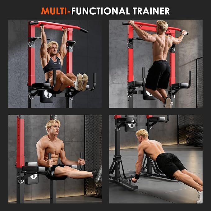 DlandHome Foldable Power Tower Pull Up Bar Station, Strength Training Fitness Equipment, Multi-Function Adjustable Height Pull Up Dip Station for Home Gym Workout, Pull Up Stand, Black & Red