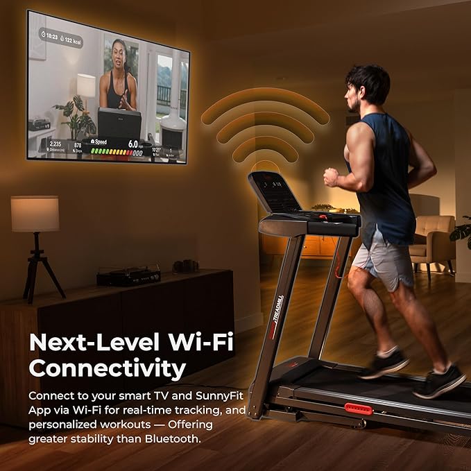 Sunny Health & Fitness Wi-Fi Smart Treadmill Walking Pad with Shock Absorption Cushioning, Home Fitness Cardio Equipment with SunnyFit App Access - Compact Foldable, Auto Incline, Under Desk Optional