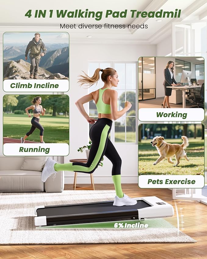 DeerRun Under Desk Walking Pad Treadmill for Home & Office, 6% Manual Incline, 0.6–3.8 MPH Walking Speed, 300 lb Capacity, App & Remote Control