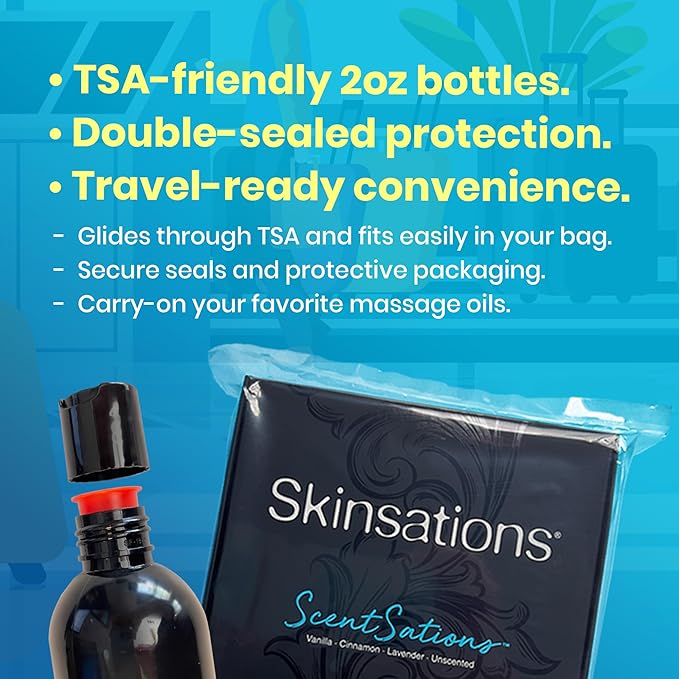 Skinsations – Massage Oil Gift Set – Variety Set for Couples, Travel Size (4 × 2oz) – Lightweight, Non-Greasy, Hydrating Body Oils for Relaxation & Gifting – Vanilla, Cinnamon, Lavender & Unscented