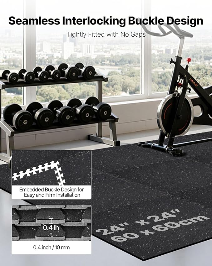 VEVOR 0.4Inch 96sq.ft 24 Tiles Gym Flooring for Home Gym, Rubber Top with High Density EVA Foam, 24 x 24In Gym Floor Exercise Equipment Mats, Interlocking Gym Mats, Puzzle Workout Mats, Black & Gray