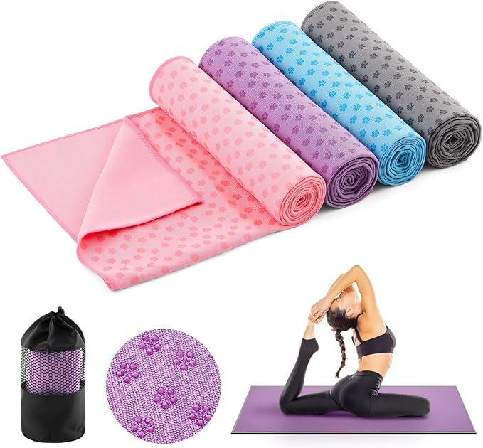 Breling Yoga Towel 4 Pack, Hot Yoga Towel 72" x 24" Non Slip Microfiber Mat with Grip Dots, Ultra Absorbent Sweat-Proof for Bikram, Pilates & Workout(Colorful)