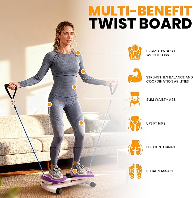 Ronai Waist Twister Machine with Resistance Bands – Adjustable Ab Twister Board for Home Fitness, Dual Pedals, Quiet Rotation, Tracks Time/Reps/Calories, 300 Lbs Capacity