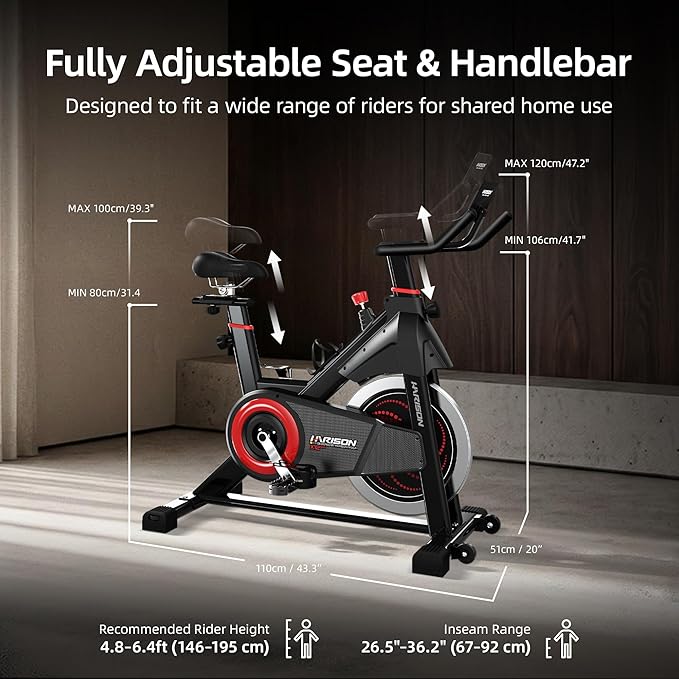HARISON Exercise Bike, Magnetic Stationary Bike for Home, Quiet Dual-Belt Indoor Cycling Spin Bike, 380 lb Capacity, Adjustable Resistance, Push-to-Stop, 6-Level Handlebar, App Compatible