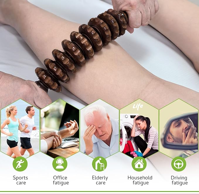 Wooden Curved Manual Massage Stick, 9 Roller Handheld Trigger Point Massager for Fascia, Cellulite, Muscle & Abdomen, Body Therapy Massager, Belly Relief Tool (Brown)