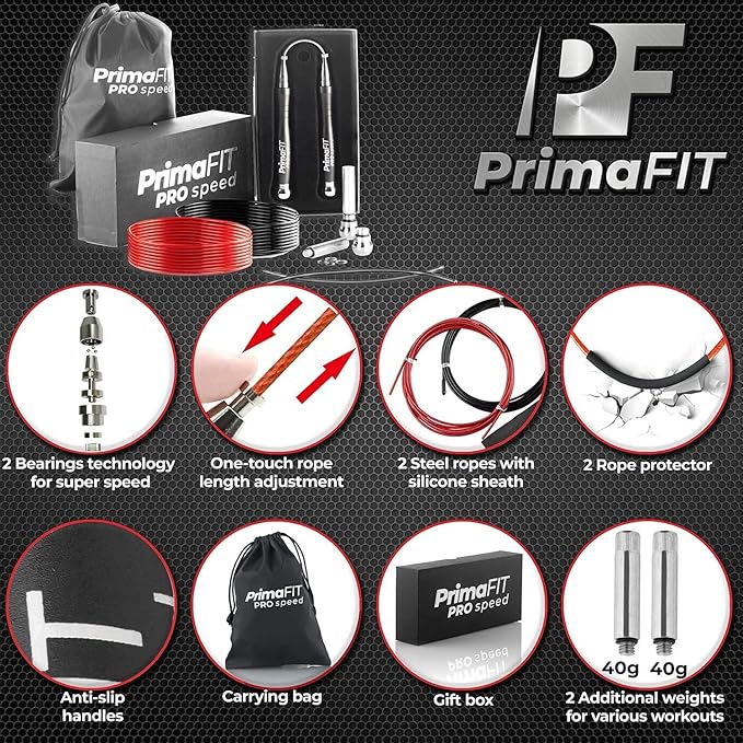 PrimaFIT Jump Rope Pro Speed Skipping Rope Adjustable Adult Jumping Rope Weighted Aluminium Handles for Double Dutch Boxing Workout Crossfit Exercise Fitness Spare Cable Weights Protectors Carry Bag
