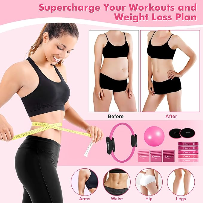 Pilates Ring Set Exercise Equipment, with Exercise Resistance Bands Set, Pilates Ball, Sliding Disks. Portable Home Gym - with Fitness Guide Poster