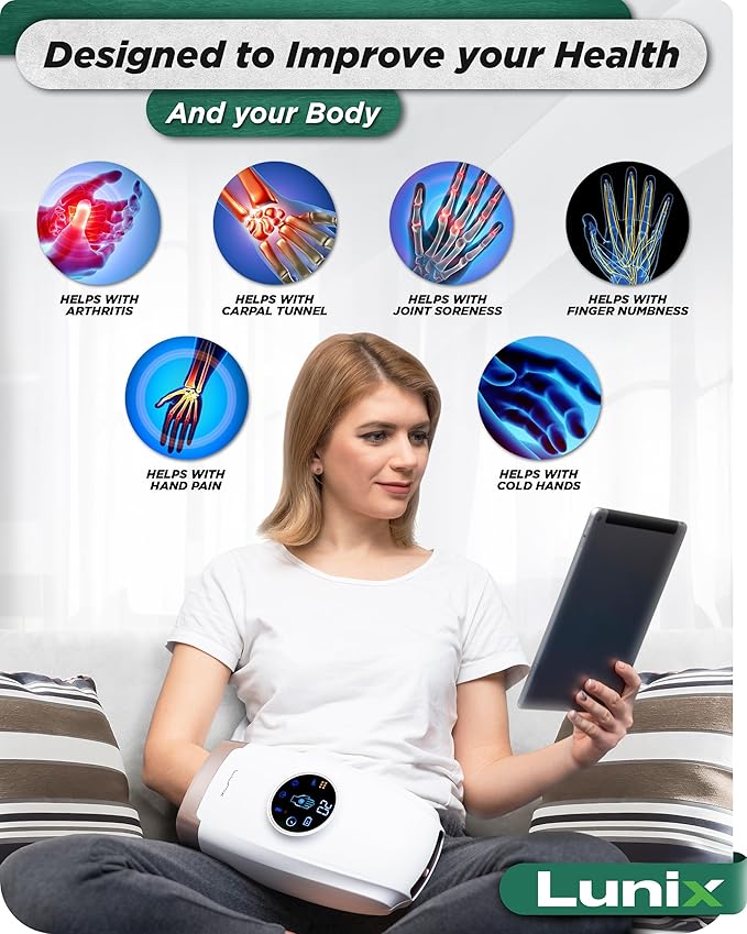 Lunix LX7 FSA LCD Touchscreen Hand Massager, Heated Air Compression, for Arthritis & Carpal Tunnel Relief, Finger Numbness & Wrist Pain Relief, Cordless Rechargeable, Lunar White