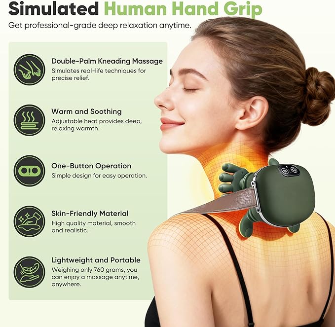 Shoulder and Neck Massager, Bionic Heated Massager, Neck Massager with Fingers, 4D Kneading Massage, Simulates a Real Palm Massage for Comfort, Relax Muscle Tension (Green)