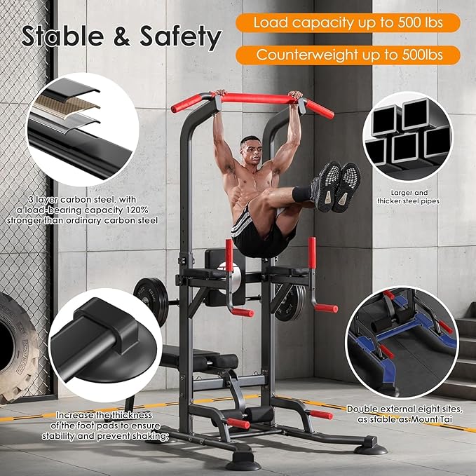 SogesHome Multi-Function Power Tower Pull Up Bar Dip Station, Home Gym Adjustable Height Fitness Workout Equipment with Foldable Dumbbell Stool, 330LB Capacity for Push-Ups, Sit-Ups, Strength Training