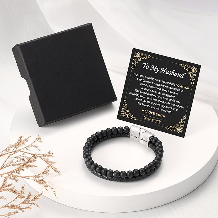 LUXEJEW Gifts for Men - Beaded Leather Bracelet 6mm Matte Agate Stone Bracelets for Men Dad Son Husband Boyfriend Grandpa Grandson Brother Uncle Nephew Adjustable Magnetic Clasp
