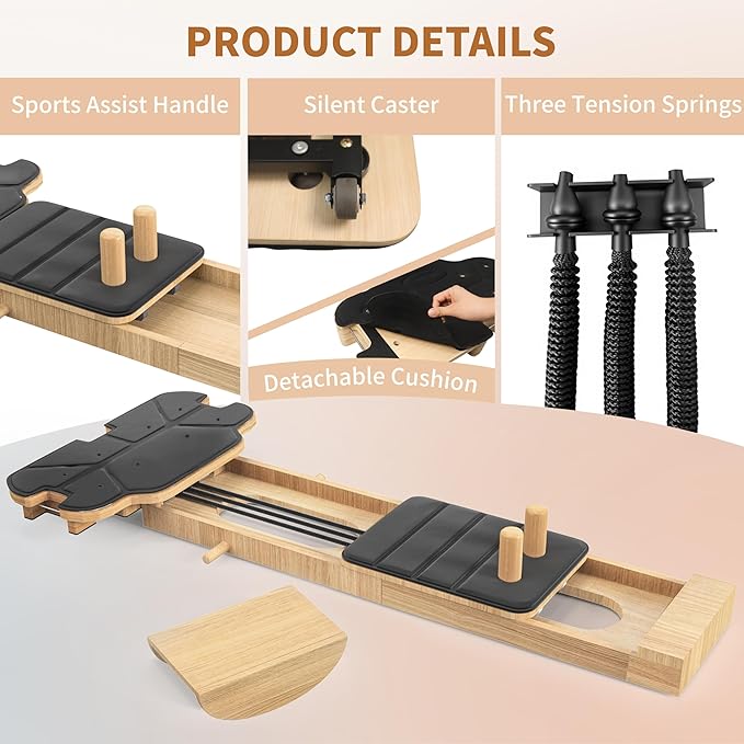 Pilates Reformer Machine,Wooden Foldable Pilates Board, Multifunctional Stable Pilates Reformer Board for Home Workout, Three Level Tension Adjustment, 6 in 1 Pilates Equipment for Woman