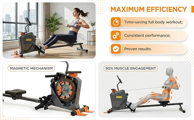 Magnetic Rowing Machine for Home, Quiet Foldable Rower with 8-Level Resistance, 2-in-1 Strength Training, LCD Monitor & Tablet Holder, Full-Body Low-Impact Cardio Workout Equipment (DR1000)