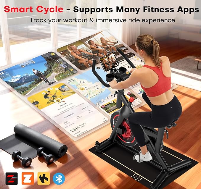 CHAOKE Exercise Bike, Quiet Adjustable Magnetic Stationary Bike for Home Cardio with App Compatible, 350LB Weight Capacity Indoor Cycling Bike with Large Seat, Dumbbell Rack, Pull Cords & LCD Display