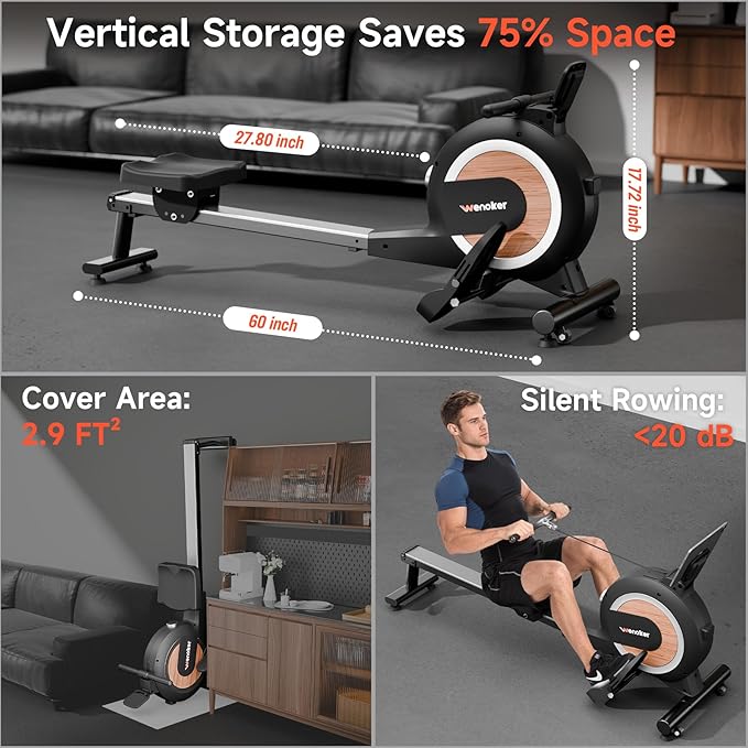 Rowing Machine,Wenoker Magnetic Rower Machine for Home,App Supported 350 LB Weight Capacity, Smooth Whisper Quiet with LCD Monitor Tablet Holder & Comfortable Seat Cushion, Compact and Saves Space