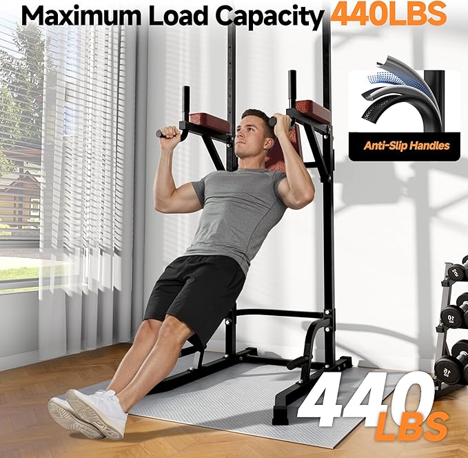 Power Tower Pull Up Station for Home Gym, Dip Station with Splayed H-Shaped Base, 440LBS Capacity, Adjustable Height Workout Station for Pull-ups, Dips & Leg Raises
