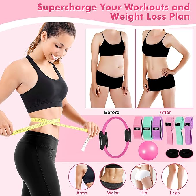 Pilates Ring Set Exercise Equipment, with Exercise Resistance Bands Set, Pilates Ball, Sliding Disks. Portable Home Gym - with Fitness Guide Poster