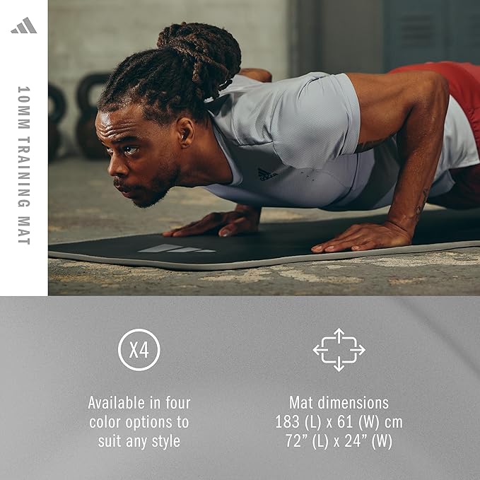 adidas 10mm Extra Thick Training Mat with Carrying Strap and Non-Slip Textured Base - Cushioned Workout Mat for Home Gym, Floor Workouts, and Intense Exercises - Portable and Durable