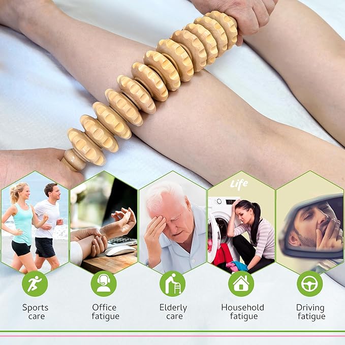 Wooden Curved Handheld Roller Massager Stick- 12 Rollers Wood Therapy Tool for Trigger Point, Fascia & Cellulite Reduction, Lymphatic Drainage, Muscle Tension Relief & Body Shaping (Wood)