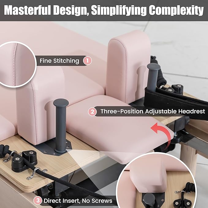 Pilates Reformer Machine, Premium Foldable Pilates Reformer, Durable and Quiet, Pilates Equipment for Home Workouts with Reformer Accessories and Reformer Pilates Box (Pink)