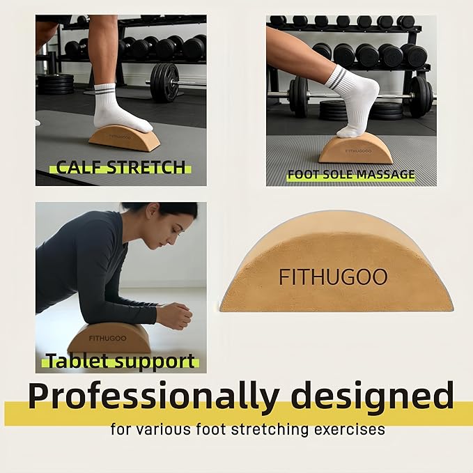 2 Pack Cork Yoga Block & Calf Stretching- Half Moon Recovery Block Improve Balance, Stability & Foot Mobility/Calf Stretcher for Plantar Fasciitis Relief/Yoga & Pilates Balance Trainer
