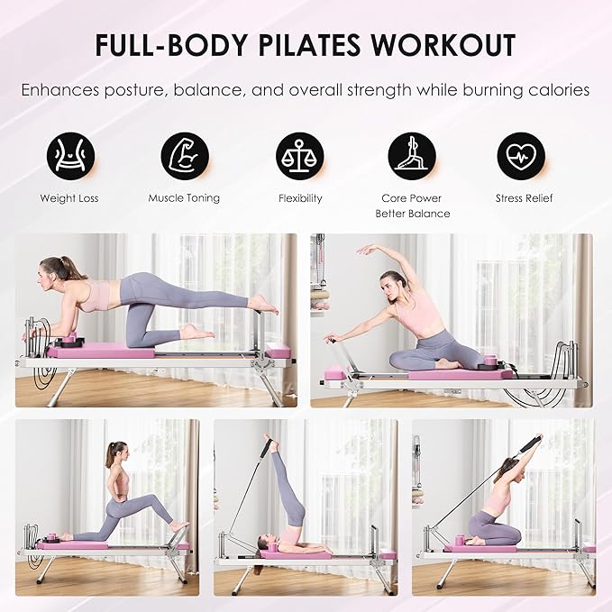 SogesHome Foldable Pilates Reformer Machine for Home Gym, Compact Fitness Reformer with Resistance Springs, Full Body Workout Equipment for Core Strength, Flexibility, Weight Loss, Stability