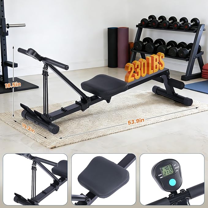 Rowing Machine for Home Use, Compact Rower Machine with LCD Display, 276 LB Capacity Heavy Duty Home Gym Equipment, Space-Saving Design, Perfect for Full Body Workout, Black
