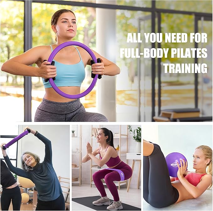 ROSAPOAR Pilates Essentials Kit for Women, Pilates Ring Set - 14" Magic Circle with Yoga Ball & Resistance Bands – Pilates Kit for Home Workouts, Toning & Core Sculpting Pilates Equipment