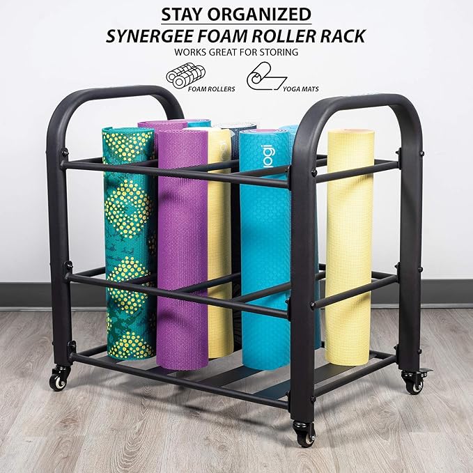 Synergee Yoga Mat Storage Rack – Storage Cart for Yoga Mats, Foam Rollers & Mobility Equipment. Perfect for Yoga Studio or Commercial Gym.