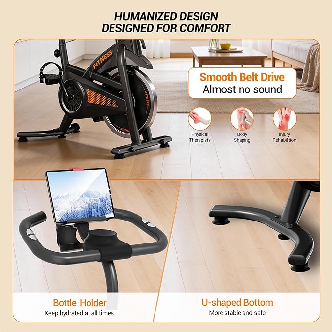 CURSOR FITNESS Exercise Bike, Brake Pad Stationary Bike for Home with Exclusive App, Stationary Bikes for Home with 300 lb Weight, Indoor Cycling Spin Bike Workout Bike with Extra Comfort Seat