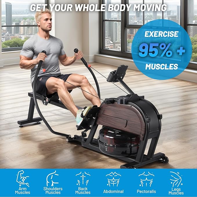 Magnetic/Water Rowing Machines for Home, Full-Body Workout, Low-Impact, Max 350Lb Weight Capacity, Rower Machine of Quiet Resistance, App Compatibility & Space-Saving Design