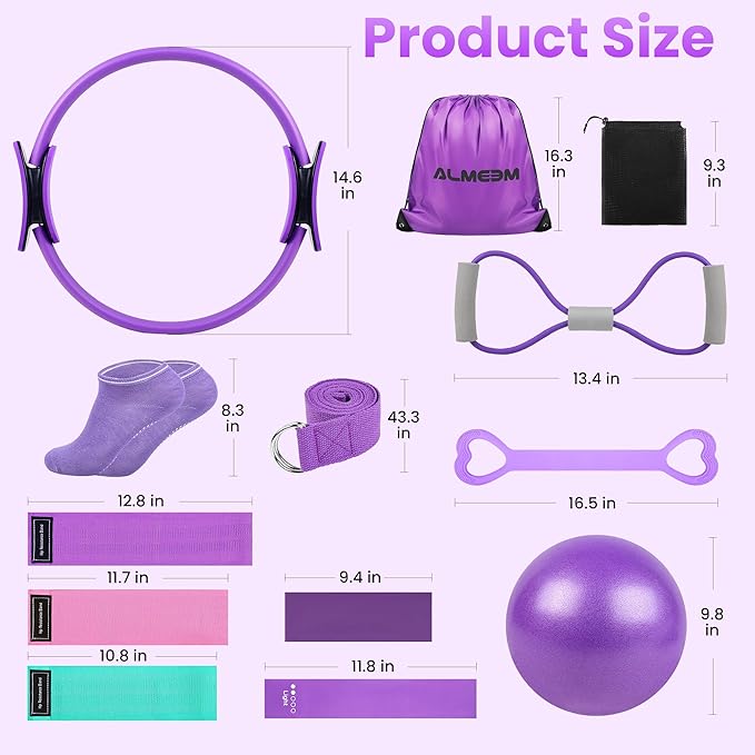 Pilates Ring Kit for Women and Men - 15 inch Magic Circle Exercise Ring and Ball Set for Home Workout Equipment - Dual Padded Handles Ring and Resistance Bands Set for All Fitness Lovers