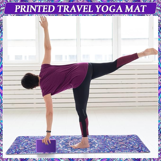 Tinideya 3 Pcs Yoga Mat Yoga Block with Carrying Strap Non Slip Yoga Mat Travel Yoga Mat for Exercise, Yoga, Fitness, Pilates, Floor Workouts, purple