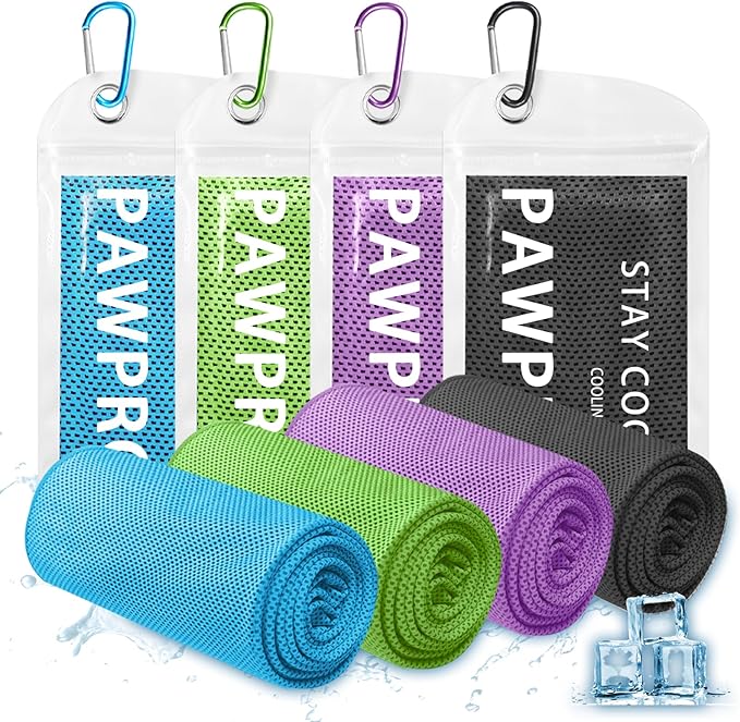PAWPRO 4 Packs Cooling Towels(40"x12"), Soft Breathable Cooling Towels for Neck and Face with Waterproof Bag & Carabiner,Microfiber Cooling Towel for Yoga, Sport,Gym,Camping (Multicolor-3)