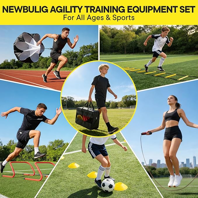 Agility Ladder Speed Training Equipment Set-20ft Ladder, 12 Cones, 4 Adjustable Hurdles, Jump Rope, Resistance Parachute| Basketball, Soccer, Football Practice Equipment for Youth, Adults