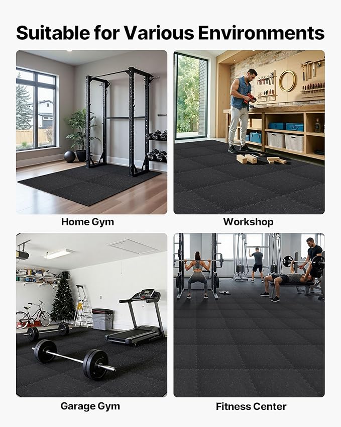 VEVOR 0.4Inch 96sq.ft 24 Tiles Gym Flooring for Home Gym, Rubber Top with High Density EVA Foam, 24 x 24In Gym Floor Exercise Equipment Mats, Interlocking Gym Mats, Puzzle Workout Mats, Black & Gray