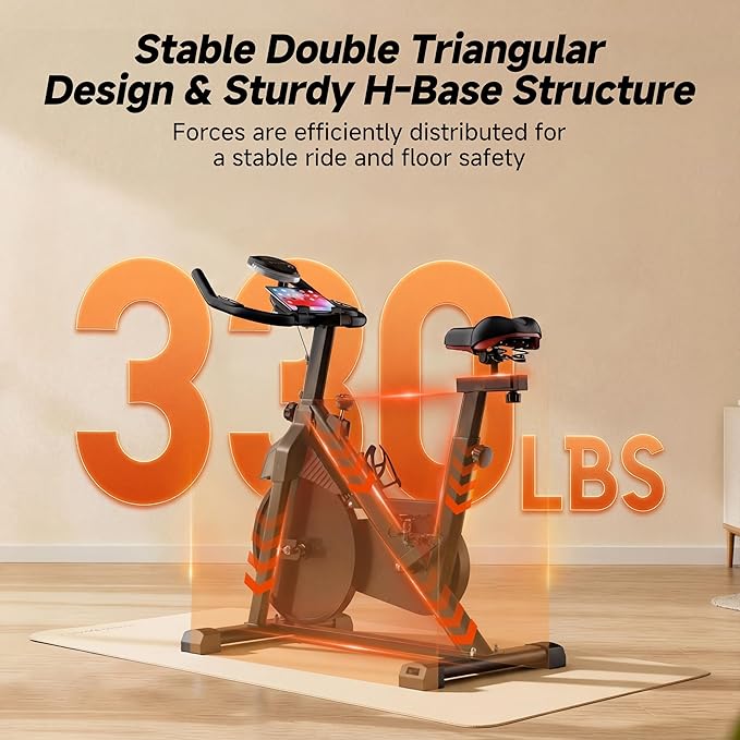 Exercise Bike, Magnetic Stationary Bikes for Home with Brake Pad Silent Belt Drive, 330LB Weight Capacity Indoor Cycling Bike with Upgraded Comfortable Seat, Tablet & Water Bottle Holder Black