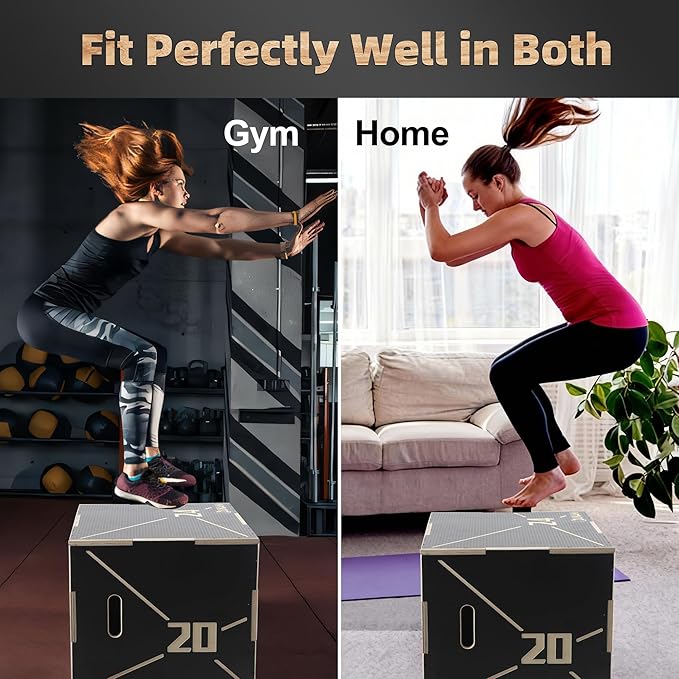 Non-Slip Wood Plyometric Jump Box- 3-in-1 Wooden Plyo Box for Home Gym and Outdoor Workout