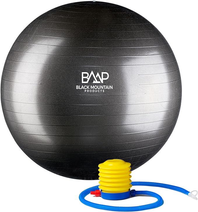 Black Mountain Products Professional Grade Exercise Stability Yoga Ball, Foot Pump, Ball Plug, Plug Puller, 2000 Pounds Static Weight Capacity Antiburst