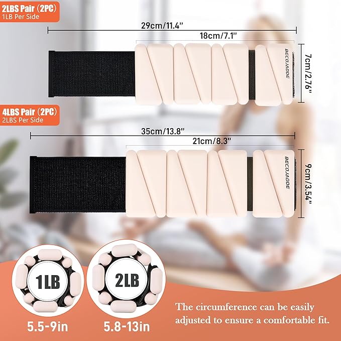 Ankle Weights for Women Wrist Weights Set of 2 (1 lb/2 lb Each) Adjustable Arm Leg Weight for Womens Men Suitable for Walking Swimming Running Pilates Yoga Gym