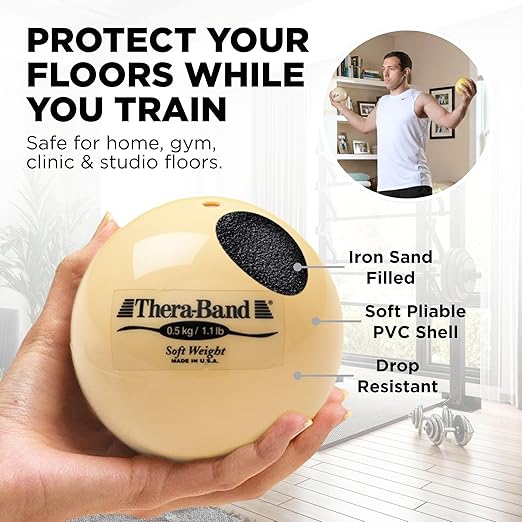 THERABAND Soft Weight, 4.5" Diameter, Weighted Balls for Baseball, Weighted Balls for Softball, Hand Held Ball Shaped Isotonic, Shoulder Strength, Rotator Cuff & Throwing Trainer, Tan, 1.1LB
