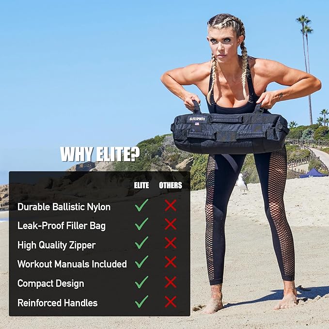 Elite Sports Workout Sandbag for Versatile, Intensive Core Muscles Fitness, Strength Training with Strategic Handle Placement (Unfilled)