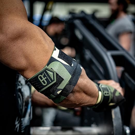 Elbow Wraps for Weightlifting - Heavy Duty Construction, 25% More Elasticity, Reinforced Stitching, Extra Wide Fastener, Easy to Adjust, (Digital Green Camo)