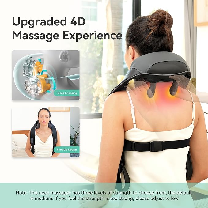 Snailax Cordless Neck Massager with Heat, 4D Kneading Neck and Shoulder Massager Deep Tissue, Shiatsu Back Massager Pillow, 2 Heating Levels,Gifts for Mom Dad