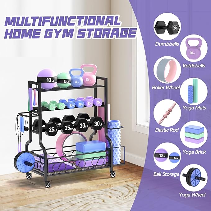 PARTPHONER Adjustable Dumbbell Rack, Weight Rack for Home Gym Storage, Home Gym Storage for Stores Dumbbells, Kettlebells and Yoga Mats, All in One Workout Storage Racks with Wheels and Hooks, Durable Powder Coated Steel